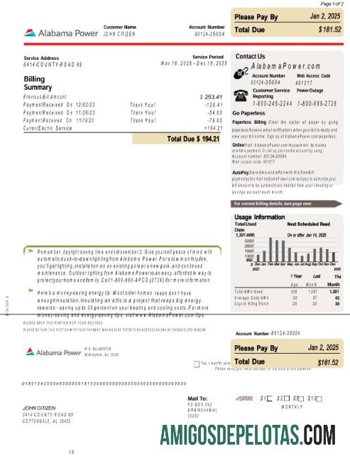 Projeto de lei de serviços públicos de energia do Alabama nos EUA exemplo real